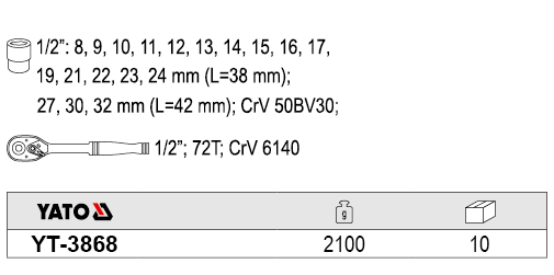 Bộ tuýp tay vặn 1/2 inch 19 chi tiết Yato YT-3868