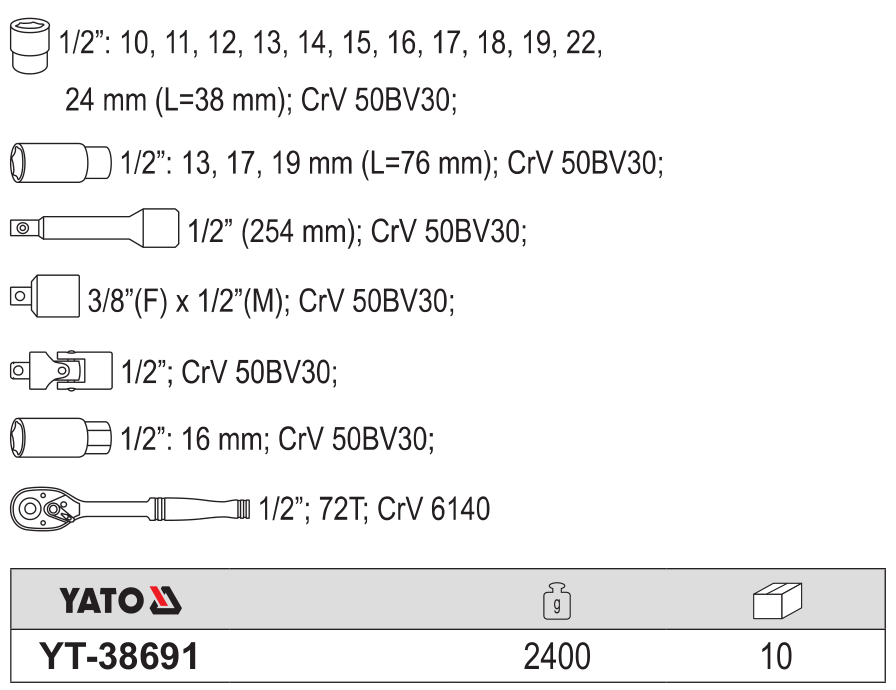 Bộ tuýp tay vặn tông hợp 1/2 inch 20 chi tiết Yato YT-38691